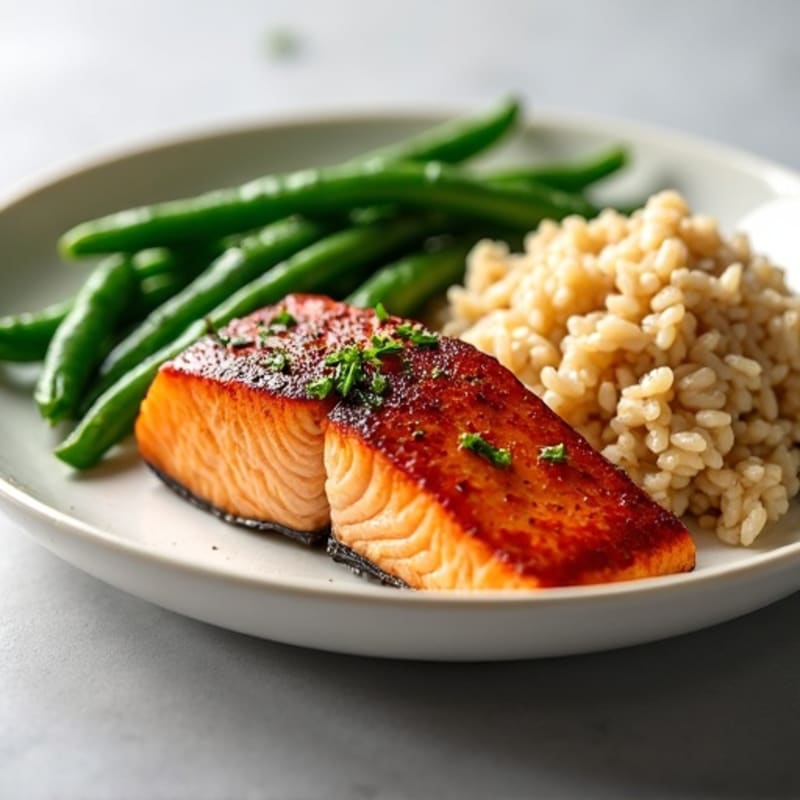 Seared Salmon with Steamed Green Beans and Brown Rice