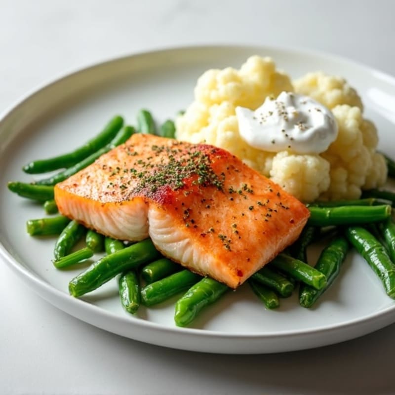 Seared Salmon with Steamed Green Beans and Garlic Mashed Cauliflower