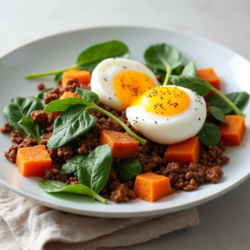 Lean Beef Mince and Sweet Potato Hash with Spinach and Poached Eggs