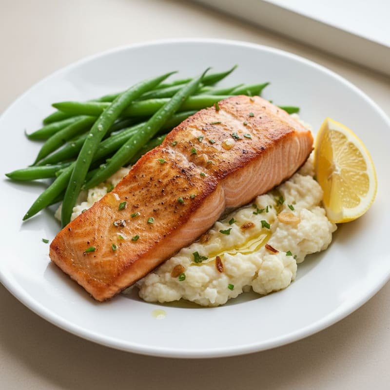 Seared Salmon with Steamed Green Beans and Garlic Mashed Cauliflower