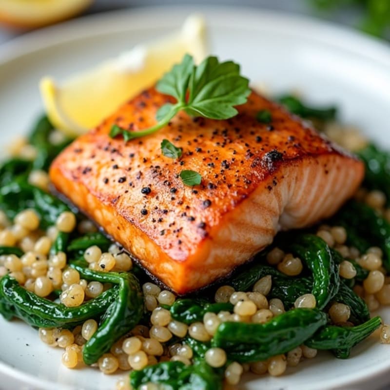 Pan Seared Salmon with Garlic Quinoa and Sautéed Spinach