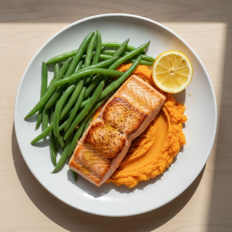 Seared Salmon Fillet with Steamed Green Beans and Sweet Potato Mash
