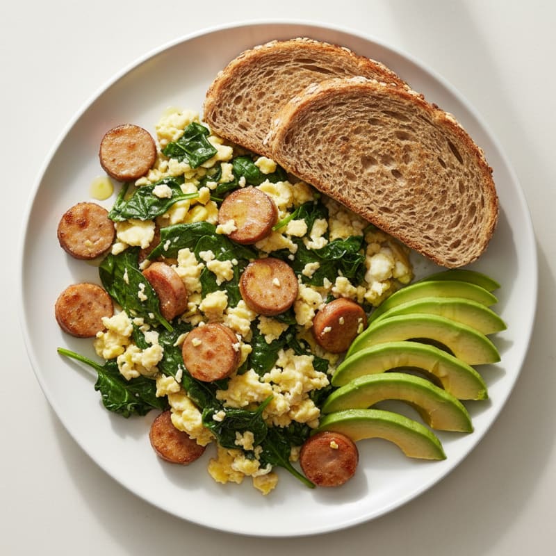 Egg White and Chicken Sausage Scramble with Spinach