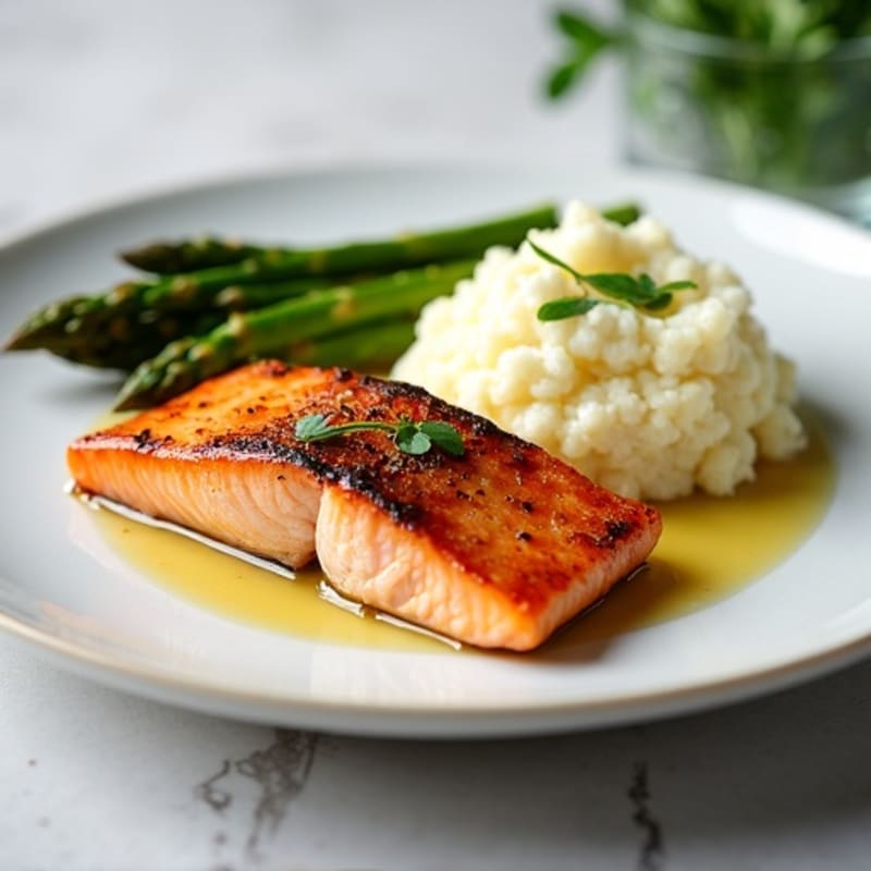 Seared Salmon Fillet with Steamed Asparagus and Cauliflower Mash