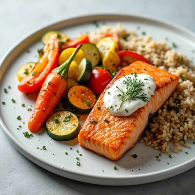 Pan-Seared Salmon with Roasted Vegetables and Herbed Rice