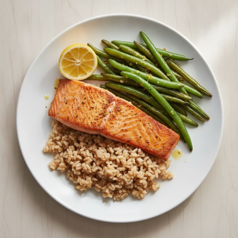 Seared Salmon Fillet with Garlic Green Beans and Brown Rice