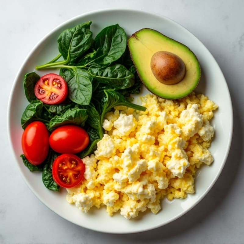 Cottage Cheese Egg White Scramble with Spinach and Cherry Tomatoes