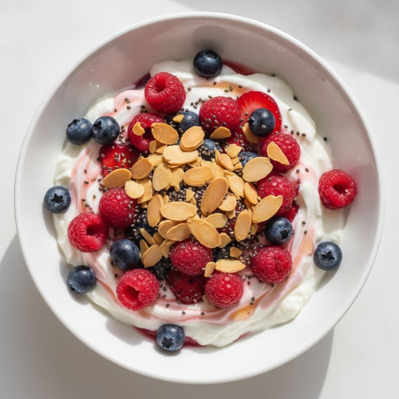Greek Yogurt Protein Parfait with Mixed Berries and Almonds