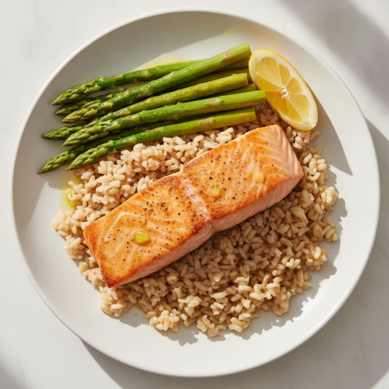 Seared Salmon Fillet with Steamed Asparagus and Brown Rice