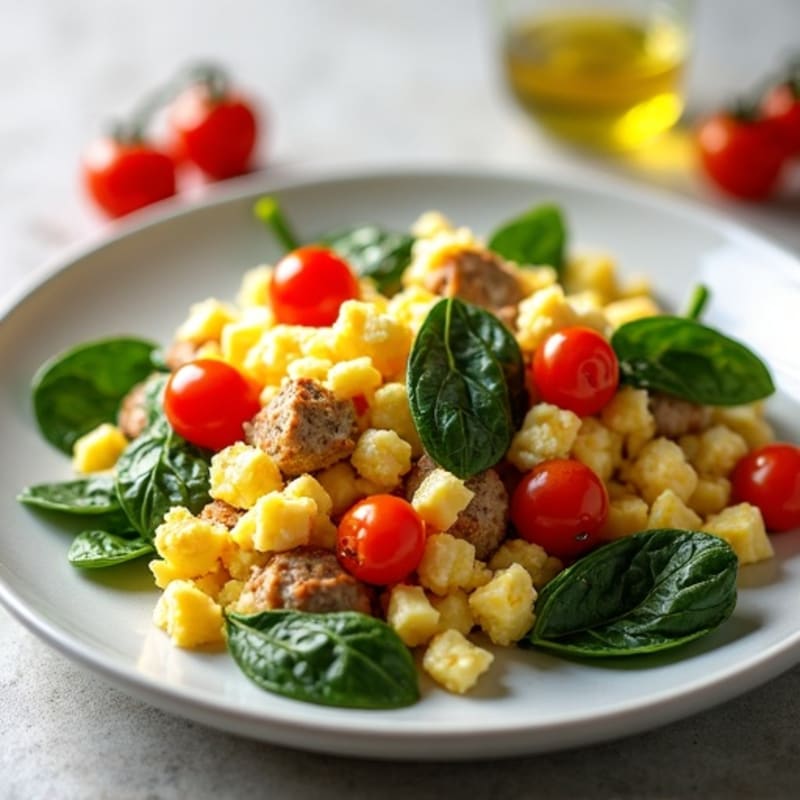 Egg White and Turkey Sausage Scramble with Spinach and Cherry Tomatoes