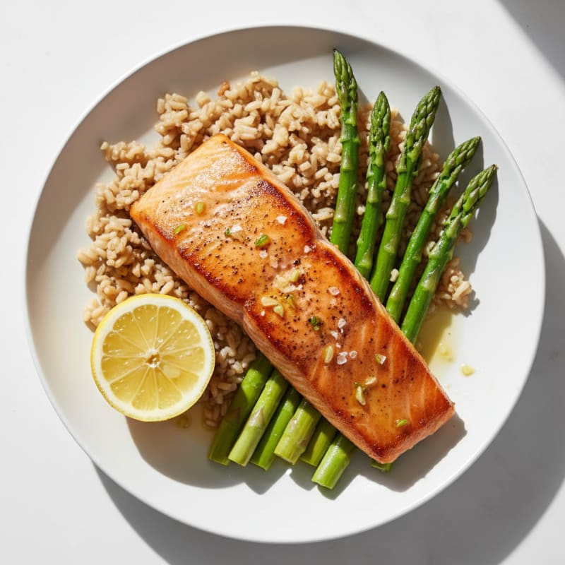 Seared Salmon Fillet with Steamed Asparagus and Brown Rice