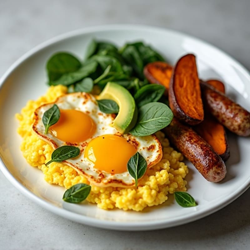 Egg White and Turkey Sausage Scramble with Spinach and Roasted Sweet Potatoes