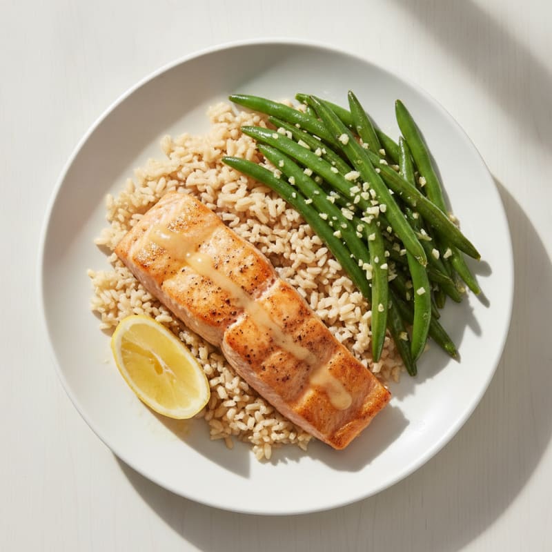 Seared Salmon Fillet with Garlic Green Beans and Brown Rice