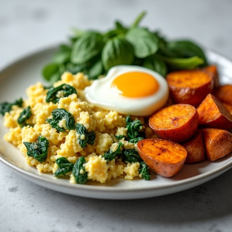 Cottage Cheese Scramble with Spinach and Roasted Sweet Potatoes