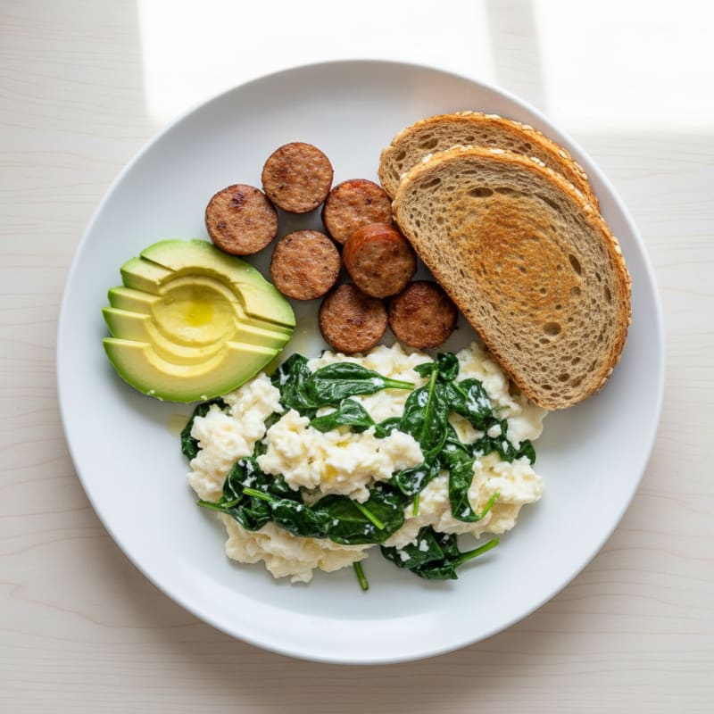 Egg White Spinach Scramble with Turkey Sausage