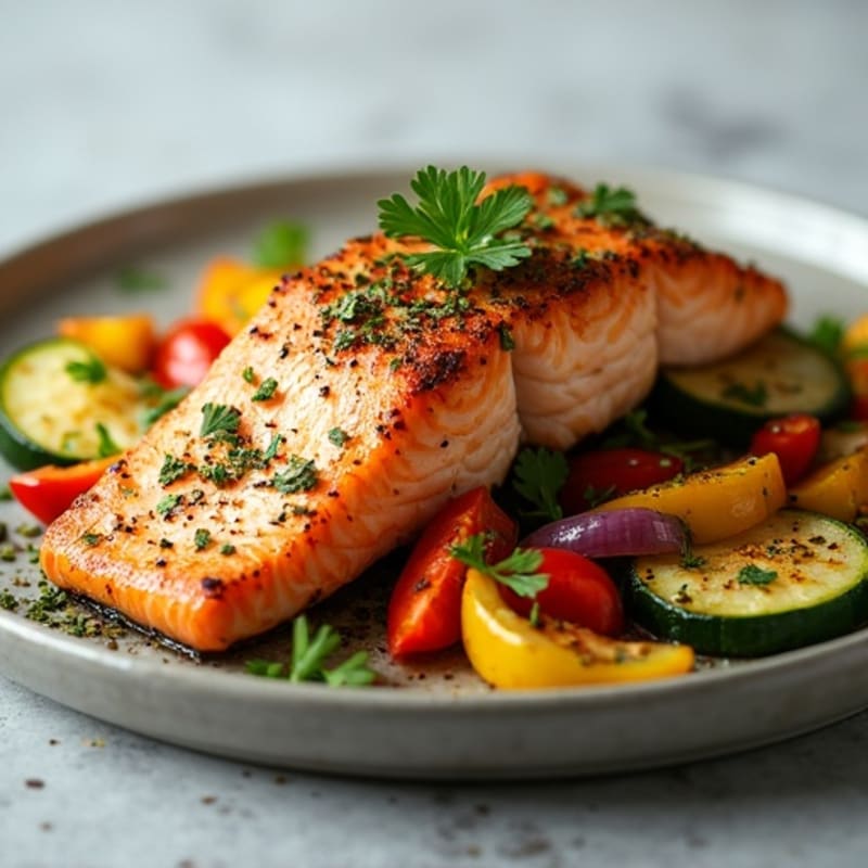 Herb-Crusted Pan Seared Salmon with Roasted Vegetables
