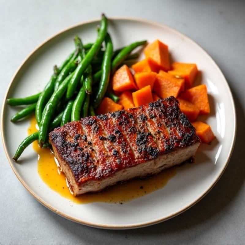 Smoked Pork Ribs with Roasted Sweet Potatoes and Crisp Green Beans