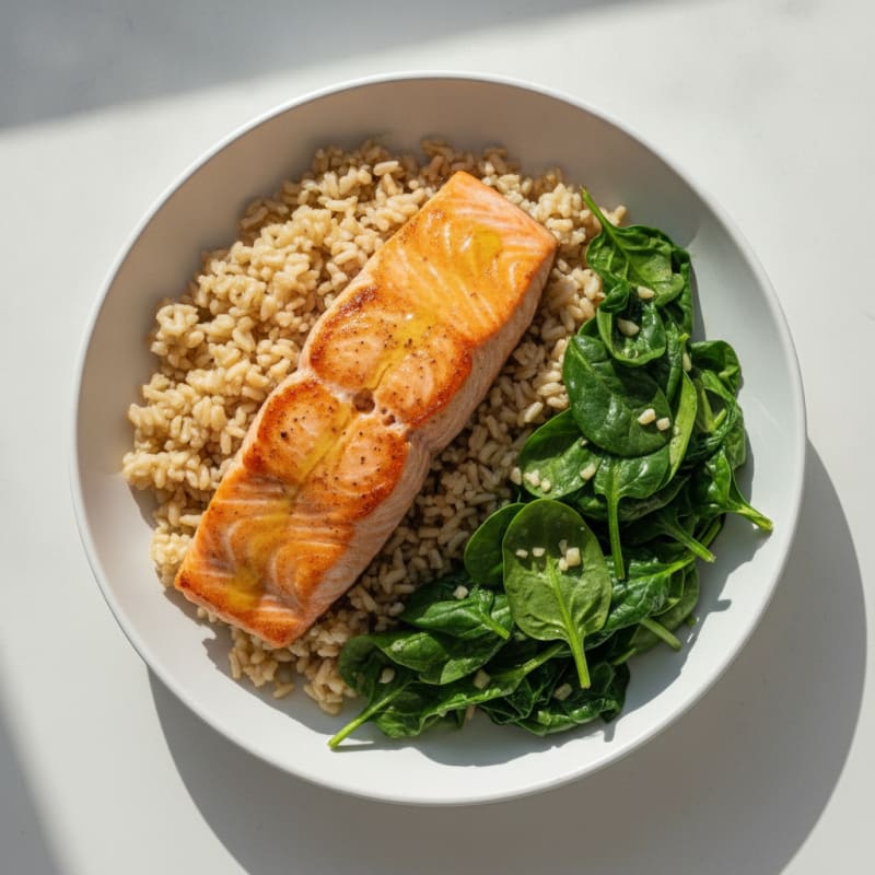 Seared Salmon with Garlic Sautéed Spinach and Brown Rice