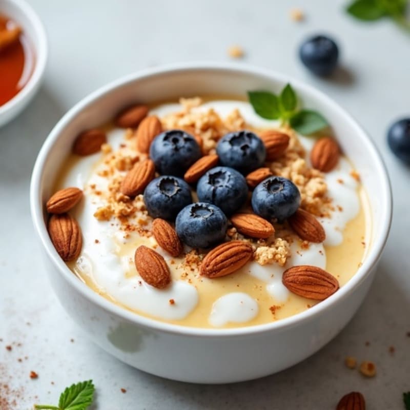 Creamy Cinnamon-Vanilla Greek Yogurt Bowl with Honey Roasted Almonds