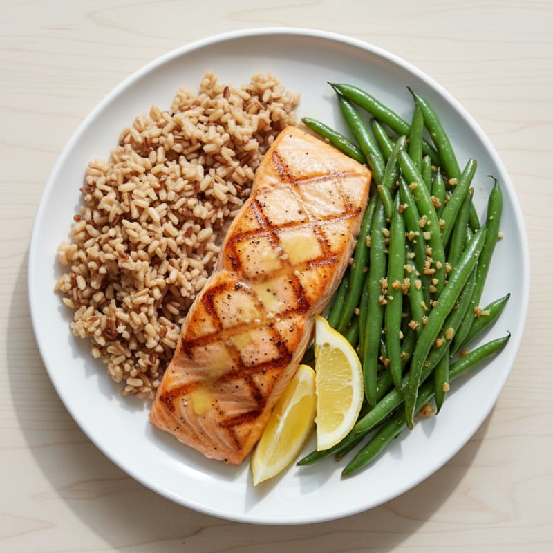 Seared Salmon Filet with Garlic Green Beans and Brown Rice