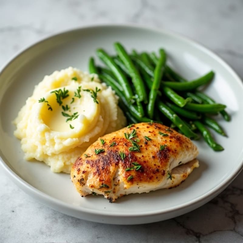 Garlic Herb Roasted Chicken with Creamy Garlic Mashed Potatoes and Crispy Green Beans