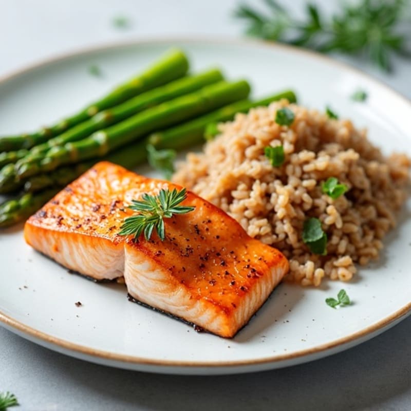 Seared Salmon with Steamed Asparagus and Brown Rice