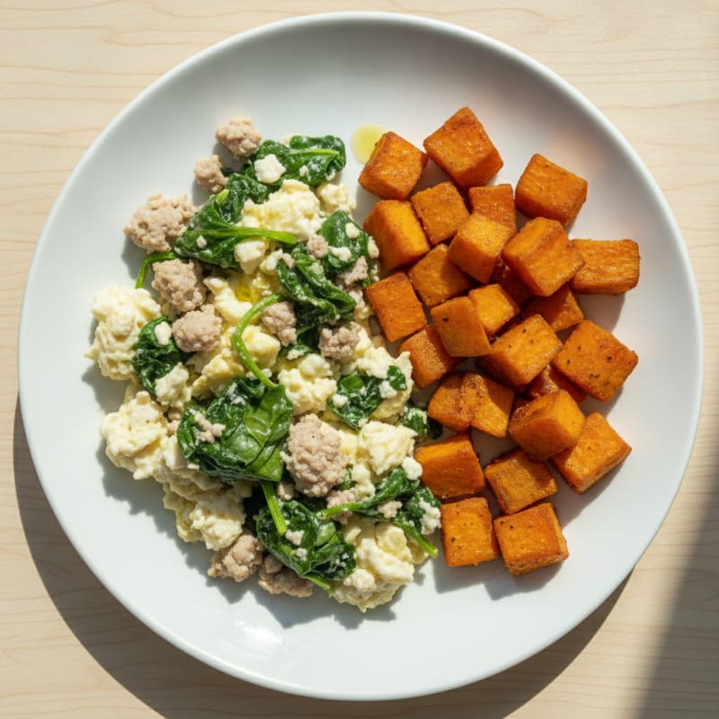 Egg White and Turkey Spinach Scramble with Roasted Sweet Potato
