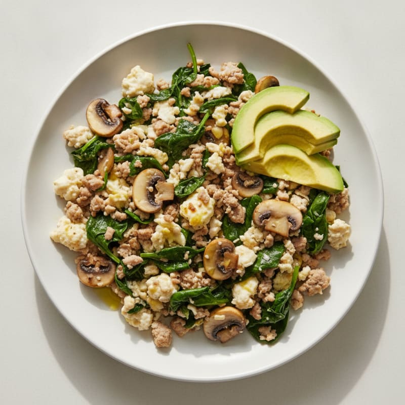 Egg White and Turkey Spinach Scramble with Sautéed Mushrooms