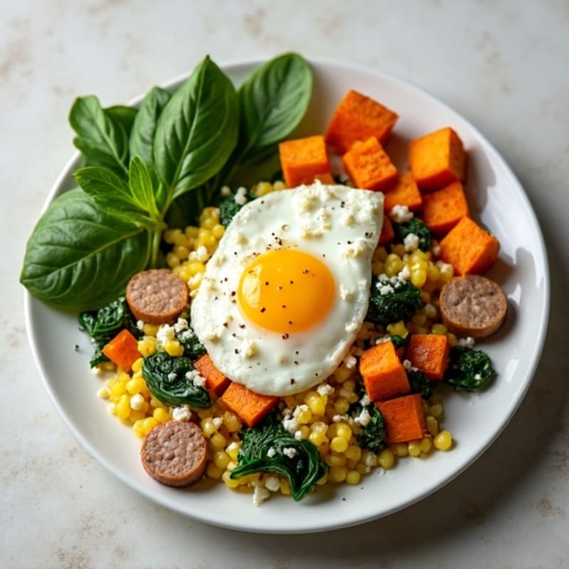 Egg White and Turkey Sausage Scramble with Spinach and Roasted Sweet Potatoes