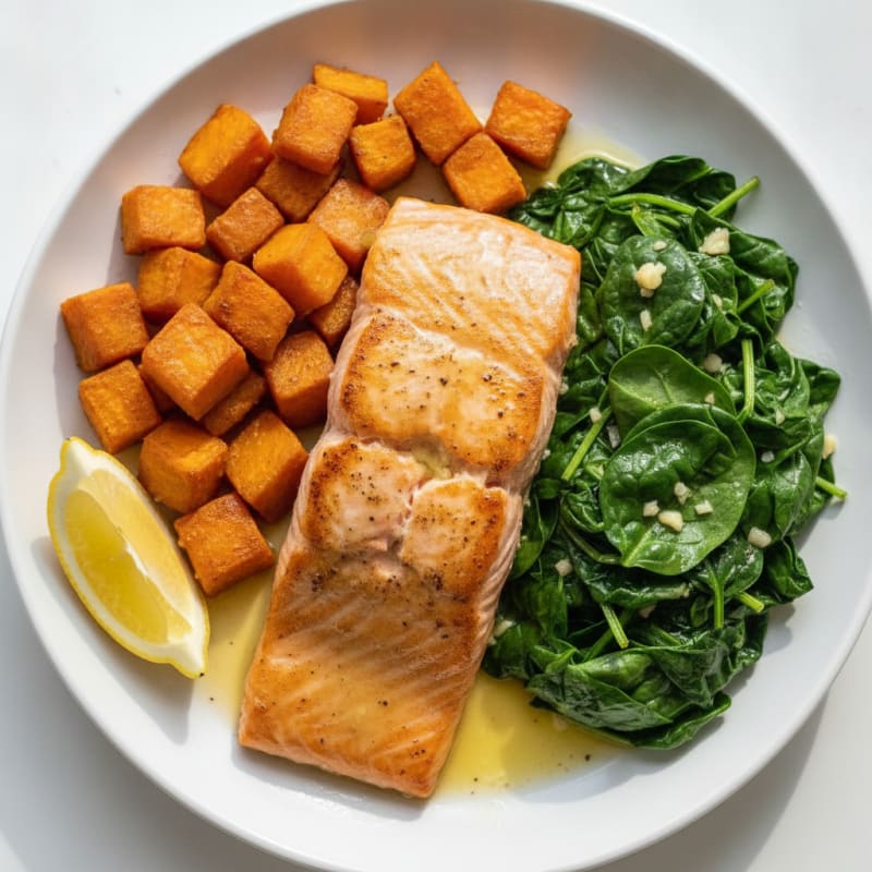 Seared Salmon Fillet with Roasted Sweet Potato and Sautéed Spinach