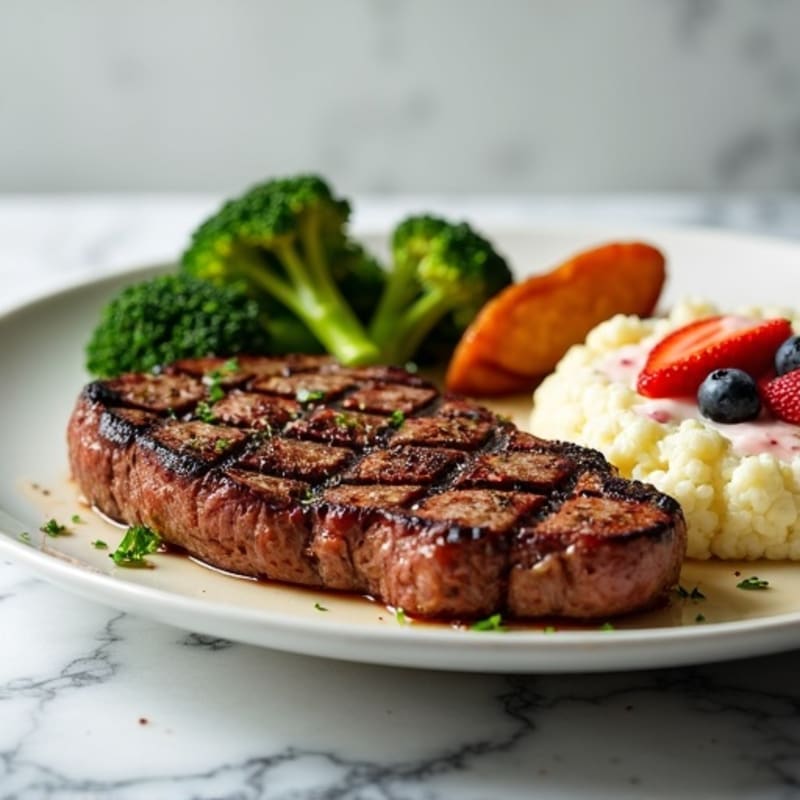 Grilled Sirloin Steak with Roasted Broccoli, Cauliflower Mash & Sweet Potato with Berry Yogurt Drizzle