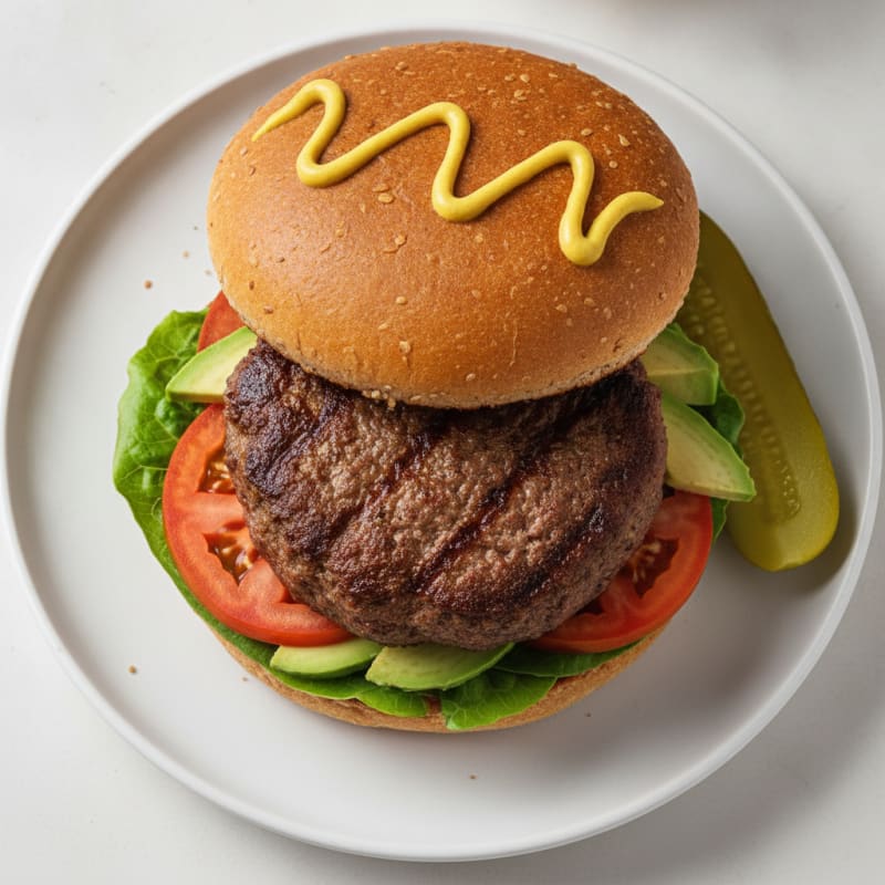 Lean Beef Hamburger with Lettuce, Tomato, and Pickle