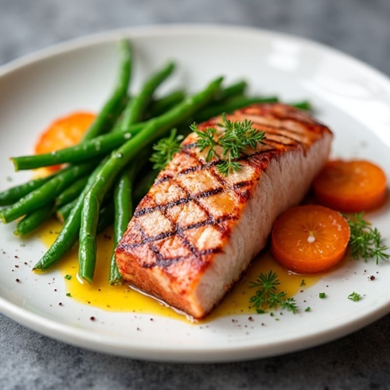 Crispy Seared Tuna with Roasted Sweet Potatoes and Green Beans