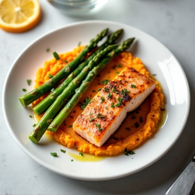 Seared Salmon with Roasted Asparagus and Sweet Potato Mash