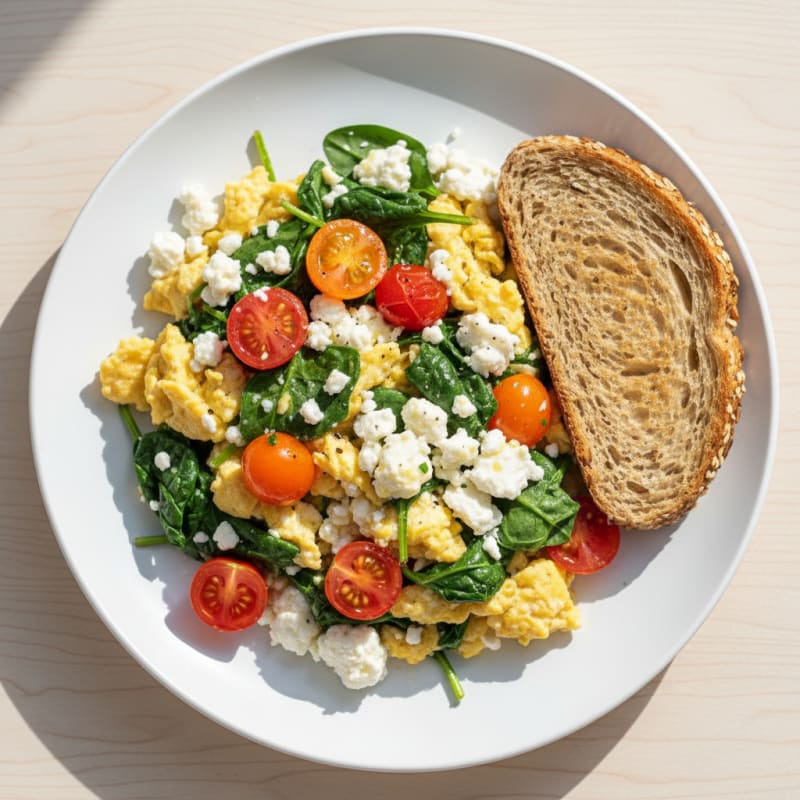 Cottage Cheese Egg Scramble with Spinach and Cherry Tomatoes