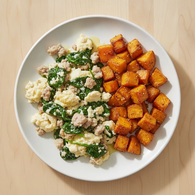 Egg White and Turkey Sausage Scramble with Spinach and Roasted Sweet Potato