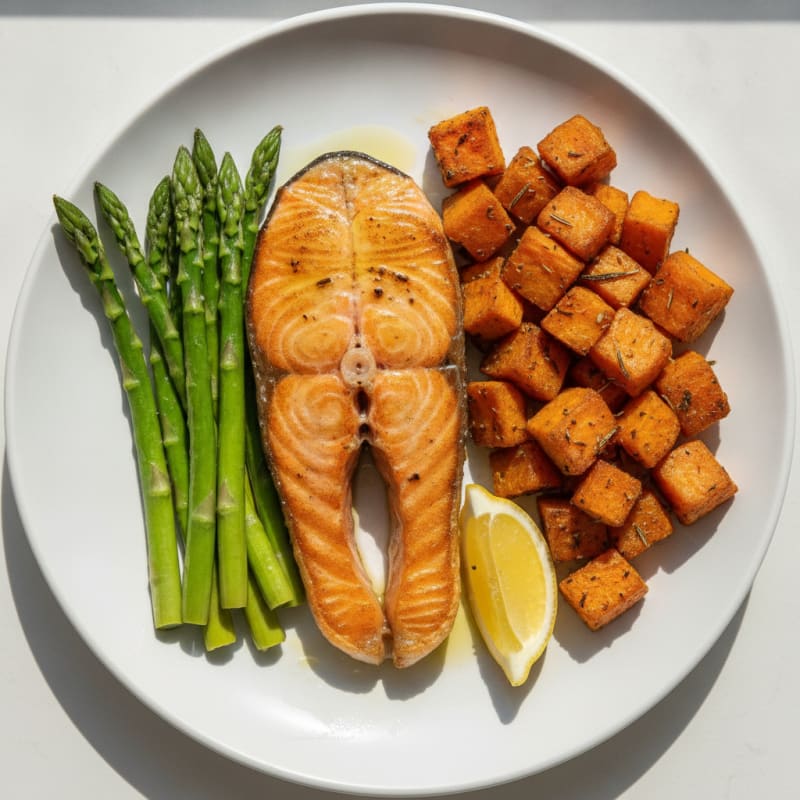 Seared Salmon Fillet with Herb-Roasted Sweet Potatoes and Steamed Asparagus