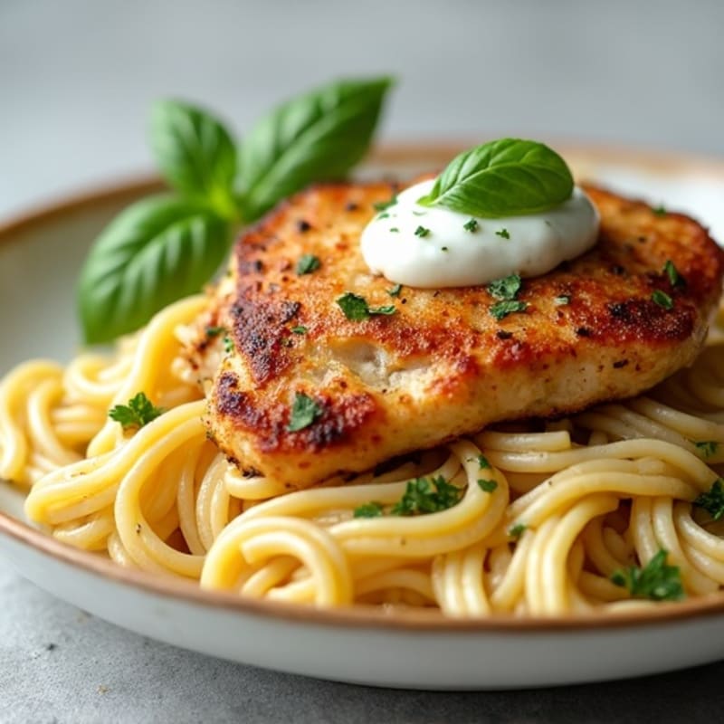 Pan-Seared Chicken with Creamy Garlic Herb Pasta