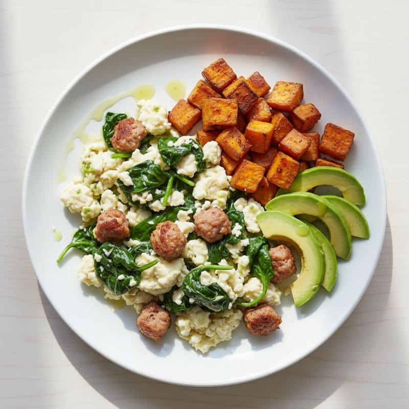 Egg White Scramble with Turkey Sausage and Spinach