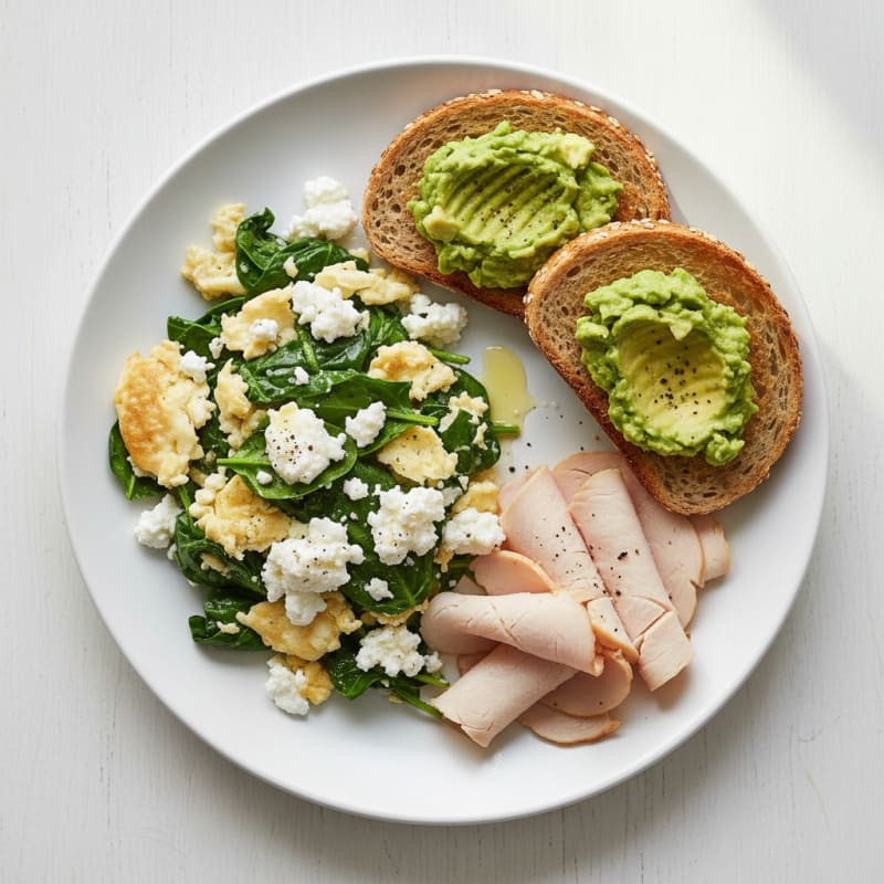 Egg White Spinach Scramble with Cottage Cheese and Sliced Turkey