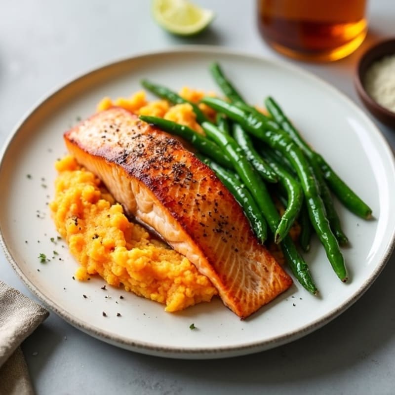 Seared Salmon with Garlic Green Beans and Sweet Potato Mash