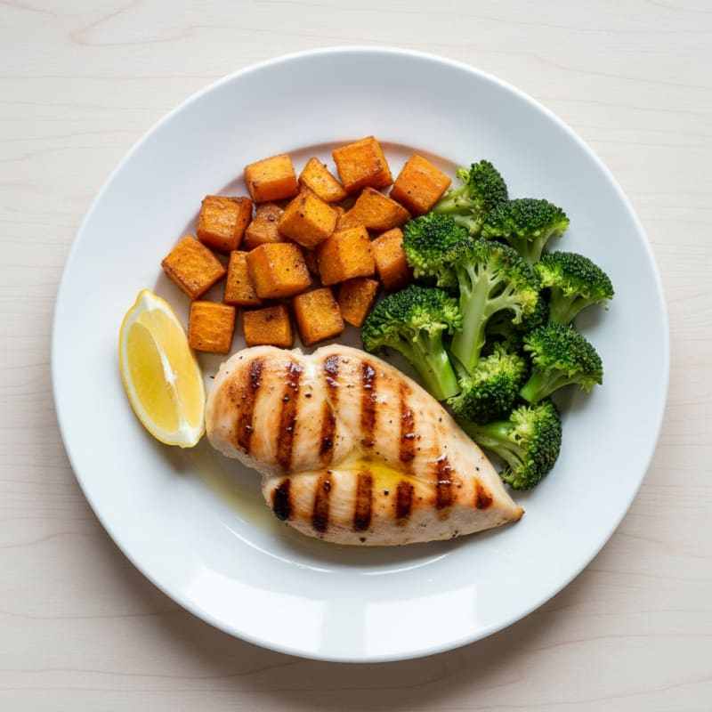Grilled Chicken Breast with Roasted Sweet Potato and Steamed Broccoli