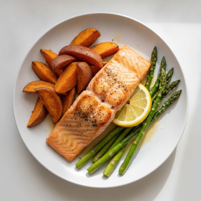 Seared Salmon Fillet with Roasted Sweet Potatoes and Asparagus