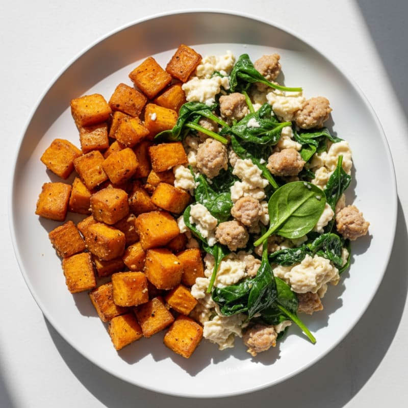 Egg White and Turkey Sausage Scramble with Spinach and Roasted Sweet Potatoes