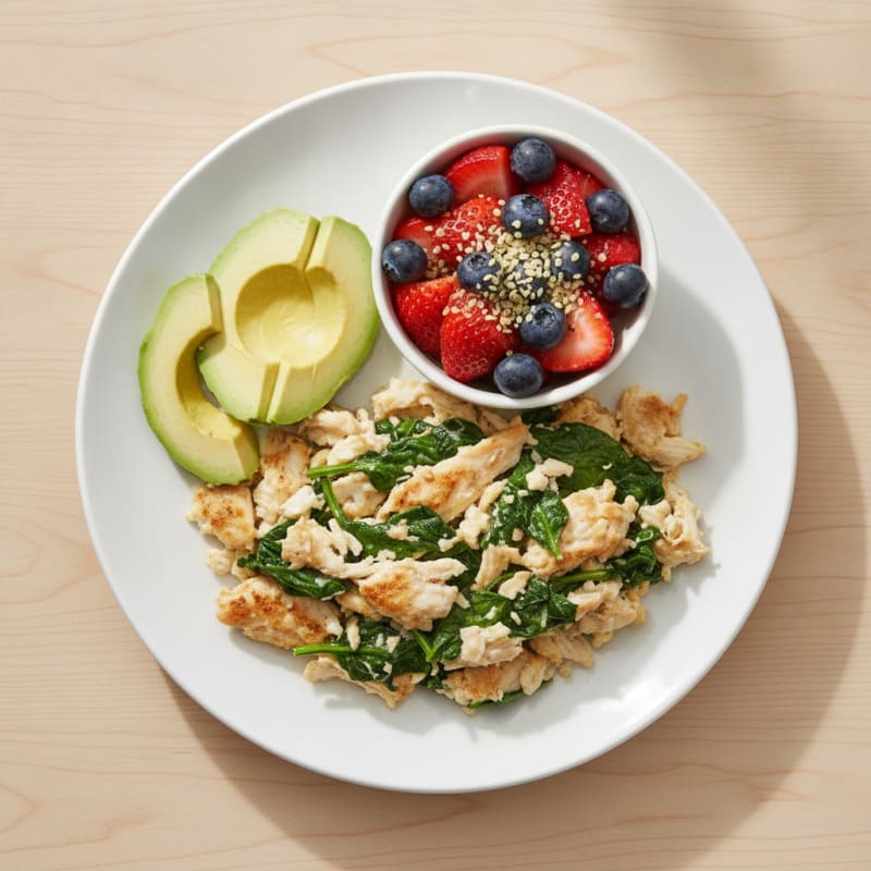 Chicken and Spinach Egg White Scramble with Fresh Berries