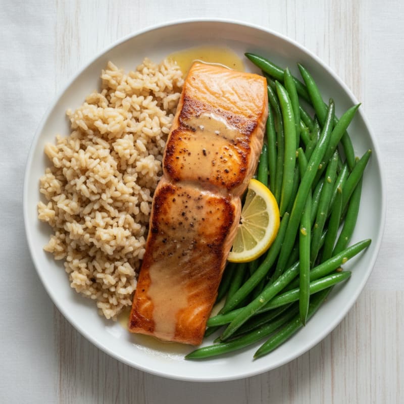Seared Salmon Fillet with Steamed Green Beans and Brown Rice