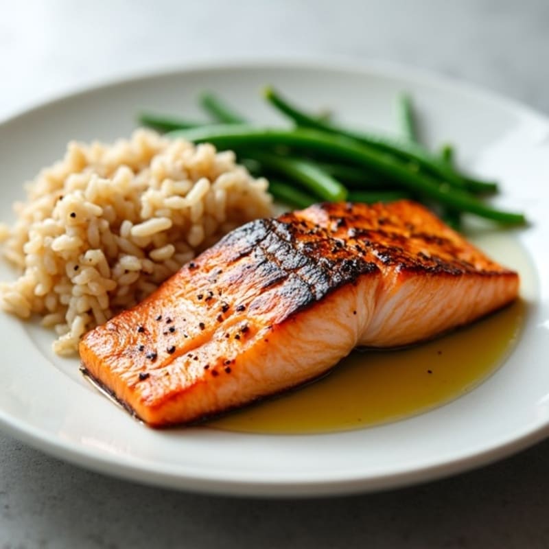 Seared Salmon Fillet with Steamed Green Beans and Brown Rice