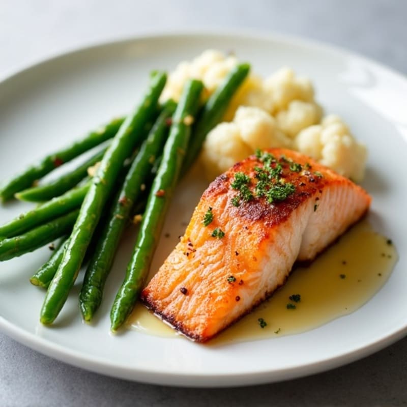Seared Salmon with Steamed Green Beans and Garlic Mashed Cauliflower
