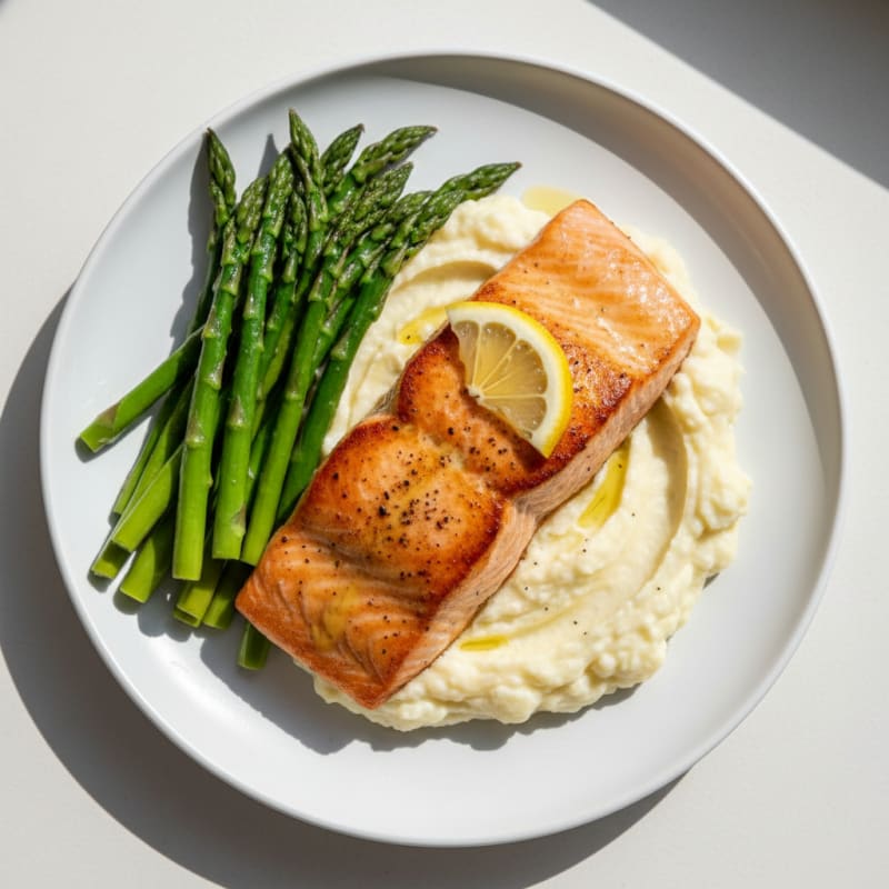 Seared Salmon with Steamed Asparagus and Mashed Cauliflower