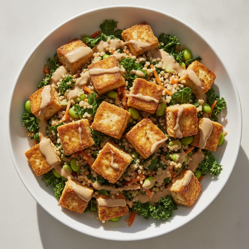 Crispy Tofu and Quinoa Power Salad with Edamame